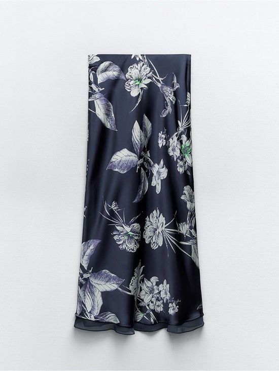 Zara Dresses & Skirts - Zara Navy Floral Satin Midi Skirt with White and Green Print